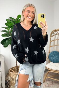 S / Black Sorscha Star Print Knit Sweater - Madison and Mallory Star Sweatshirt, Pointelle Knit, Star Sweater, Crop Top Blouse, Shine On, Small Chest, Women Clothing Boutique, Fall Sweaters, Clothing Boutique