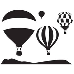 hot air balloons flying in the sky over mountains and hills silhouetted against a white background