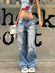 2000s Aesthetic Jean Kpop Punk - Cherryourshop Thrifted Tops, Casual Wide Leg Jeans, Low Rise Straight Jeans, Distressed Baggy Jeans, Aesthetic Plaid, Straight Jeans Women, Aesthetic Pants, Butterfly Pants, Grunge Pants