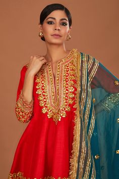 Buy Red Anarkali And Salwar Dupion Embroidered Gota Notched Short Set For Women by Preeti S Kapoor Online at Aza Fashions. Short Anarkali, Gota Embroidery, Red Anarkali, Red Kurta, Anarkali Salwar, Organza Dupatta, Embroidered Shorts, Fashion App, Short Set