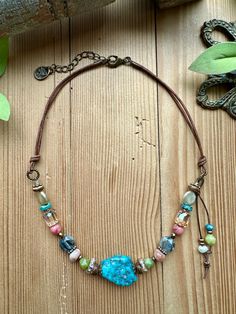 Earthy Brights Short Straight Across Necklace – Artistic Works By Lu Leather Beaded Necklace, Bright Shorts, Cord Necklaces, Earthy Jewelry, Charms Necklace, Boho Style Jewelry, Pearl Crystal, Handmade Jewelry Diy, Jewelry Design Necklace