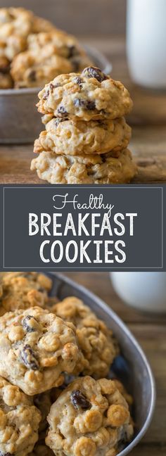 a stack of breakfast cookies sitting on top of a table next to a glass of milk