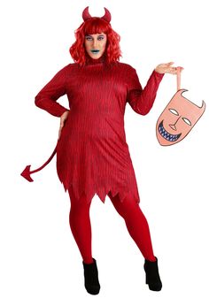 a woman in a devil costume is holding an object