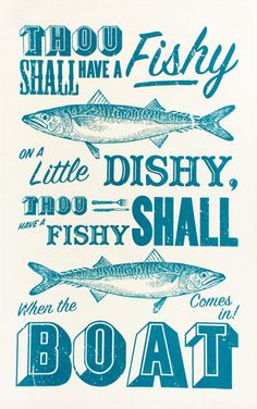 a tea towel with fish on it and the words, thou shall't fishy