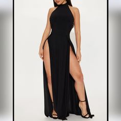 Fashion Nova Shantall Maxis Dress Mock Neck Halter Button Back Closure High Slits Back Less Stretch Fitted Longline Maxi Dress For Date Night, Spring High-neck Dress With Side Slits, Spring High Neck Dress With Side Slits, Spring Maxi Dress With Split Design For Night Out, Spring Maxi Dress For Night Out With Split Design, Party Dress With Split Design And Hem, Black High Neck Maxi Dress For Night Out, Chic High Neck Dress With Side Slits, Stretch Longline Maxi Dress For Parties