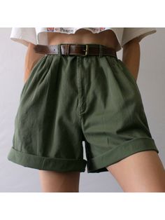 ⭐️ Chic Bottoms, Vintage High-waist Solid Color Shorts Summer Bottoms With Elastic Waistband In Khaki, Green Wide Leg Shorts With Pockets, Khaki Bottoms With Elastic Waistband For Summer, Green Wide-leg Shorts With Pockets, Summer Khaki Bottoms With Elastic Waistband, Green Relaxed Fit Wide Leg Shorts, Trendy Khaki Bottoms For Summer, Trendy Khaki Summer Bottoms, Khaki Short Length Cargo Pants