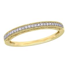 Featuring a row of dazzling diamonds, an open-worked bridge and milgrain details, this 10k gold anniversary ring is an elegant symbol of your commitment. Featuring a row of dazzling diamonds, an open-worked bridge and milgrain details, this 10k gold anniversary ring is an elegant symbol of your commitment. Metal: 10k gold Finish: textured Packaging: boxedDIAMOND DETAILS Total weight: 1/10 ct. Color grade: G-I Clarity: I2-I3 Shape: round Setting: pave Gemstones may have been treated to enhance th Classic 14k Gold Eternity Band With Pave Setting, Elegant Milgrain Diamond Ring For Formal Occasions, Classic Diamond Eternity Band With Decorative Design, Elegant Formal Diamond Ring With Milgrain Detail, Elegant Formal Diamond Ring With Milgrain, Elegant Formal Diamond Ring With Decorative Band, Timeless Diamond Rings With Milgrain Detail, Classic Gold Diamond Ring With Decorative Band, Classic White Gold Diamond Ring With Decorative Band