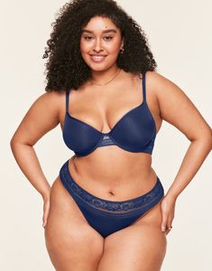 The Amellia contour full coverage bra is designed for maximum comfort with its semi-sheer dimensions, spacer cups, and lace trim. Choose between a matching cheeky panty or thong to complete the look. Chic Bra, Adore Me, Full Coverage Bra, Bra Panty, Demi Bra, Bra And Panty Sets, Push Up, Lace Trim, Dark Blue