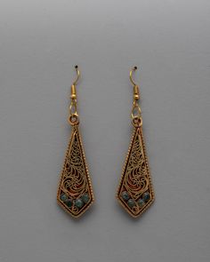 Copper Earrings Handmade Festival Matching Drop Earrings, Festival Matching Drop Earrings Jewelry, Elegant Festival Pendant Earrings, Traditional Gold Teardrop Earrings For Gift, Elegant Pendant Earrings For Festivals, Festival Drop Earrings With Matching Set, Traditional Gold Beaded Earrings With Ear Wire, Bronze Filigree Jewelry, Traditional Teardrop Pierced Earrings