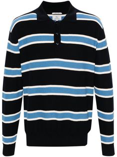 navy blue/white/sky blue cotton knitted construction horizontal stripe patterned intarsia knit polo collar short front button fastening logo-debossed buttons drop shoulder long sleeves ribbed cuffs and hem straight hem Knitted Polo Shirt, Knitted Polo, White Sky, Knit Polo, Polo Collar, Stripes Pattern, Drop Shoulder, Sky Blue, Knitted Sweaters