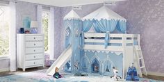 a child's bedroom with a princess castle bed and slide