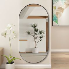 a mirror sitting on top of a wooden floor next to a potted plant