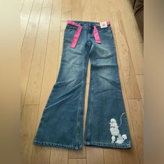 Wide Leg Jeans With A Poodle Design Size 10 Pink Belt Gymboree 90s Bottoms, Scene Jeans, Childish Clothing, Hot Pink Clothes, Bratz Core, Hot Pink Jeans, Y2k Closet, Wattpad Outfits, Jean Designs