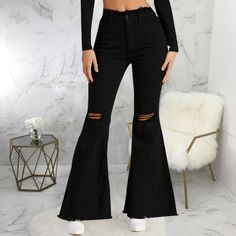 Plus Size Ripped High Waist Flare Denim Pants Women Flare Jeans, High Waist Bootcut Jeans, Black Flared Jeans, Jean Pocket Designs, Womens Flare Jeans, Cheap Jeans, White Long Sleeve Blouse, Denim Chic, Button Holes