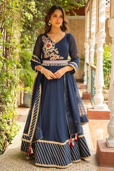 Navy blue anarkali with floral embroidered bodice, accentuated with placement gota work. Paired with a churidar and embroidered dupatta. - Aza Fashions Anarkali Floor-length Dress With Embroidered Border, Floor-length Anarkali Dress With Embroidered Border, Reception Georgette Sets With Embroidered Border, Anarkali Dress With Embroidered Border For Festivals, Anarkali Dress With Embroidered Border For Eid, Anarkali Dress With Embroidered Border For Wedding, Floor-length Georgette Dupatta With Embroidered Border, Eid Anarkali Dress With Embroidered Border, Designer Floor-length Dress With Embroidered Border