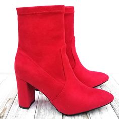 Brighten Your Outfit In These Versatile Block Heel Red Ankle Boots New In Box Vegan Stretch Suede Material Side Zipper For Easy Shoe Removal Almond Toe Chunky Block Heels Lightly Padded Insole Heel Height: 3.5 In. Fitting: True To Size. Regular Foot Width Color Block Boots, Ankle-high Boots With Red Sole For Winter, Red High Heel Winter Boots, Red High Ankle Heeled Boots For Winter, Red High Heeled Boots For Winter, Chic Red Winter Boots, Winter Heeled Boots With Red Sole And Pointed Toe, Red High Ankle Heeled Boots For Fall, Trendy Winter Boots With Red Sole