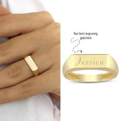 One word, letter or number combination can be stamped on the ring if you want. Please note your personalization during checkout. 14k Gold Stick Band Engravable Ring is also avaliable: https://www.etsy.com/listing/1353343274/ 14k Gold Hexagon Initial Ring is also avaliable: https://www.etsy.com/listing/1365734553/ 14k Gold Bold Initial Ring is also avaliable: https://www.etsy.com/listing/1351651650/ 14k Gold Adjustable Stackable Ring is also avaliable: https://www.etsy.com/listing/1351596112/ 14k Classic Rings With Custom Name For Personalized Gift, Classic Custom Name Rings For Personalized Gift, Classic Personalized Name Ring, Classic Initial Ring For Personalized Gift, Personalized 14k Gold Signet Ring For Anniversary, Classic Customizable Ring For Personalized Gift, Customizable 14k Gold Rings For Personalized Gifts, Classic 14k Gold Rings For Personalized Gift, Classic Signet Ring With Name For Anniversary