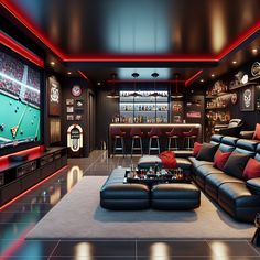 Step inside this sleek, modern man cave with a striking black and red color theme. It's furnished with a leather sofa, a colossal curved screen TV, a top-class billiards table, a vintage jukebox, a well-stocked mini bar, and chic bar stools. The shine of neon lights casts a cozy yet vibrant allure on sports memorabilia each telling a story. 

#ManCave #InteriorDesign #HomeDecor #ModernDesign #EntertainmentRoom #GameRoom Man Cave Luxurious, Man Cave Black Walls, Gaming Room Man Cave, Modern Man Cave Ideas Interior Design, Modern Man Cave Design, Basement Hangout Room, Luxury Man Cave