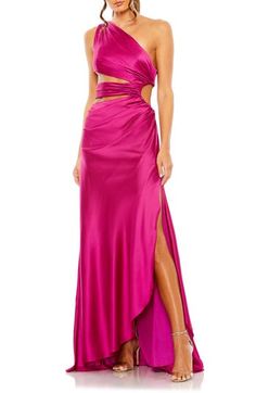 Enchant the masses in this head-turning satin gown topped by a single shoulder and cut from smooth satin that's ready for you to dance the night away. 61" length One-shoulder neck Lined 100% polyester Spot clean Imported Asian Owned/Founded Neutral Dresses, Engagement Party Dresses, Spring Wedding Guest Dress, Bodycon Evening Dress, Bridal Bridesmaid Dresses, Mac Duggal, Satin Gown, Multicolor Dress, Dresses By Length