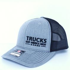 Trucks Keep America Great Hats Richardson Snapback Trucker Hats in Pink, Black, Gray: 'Trucks Keep America Great' for true truck lovers. Richardson 112 Snapback trucker hat Mesh backing high quality embroidered Size- Snapback adjustable size Colors- Pink, Gray, and Black Toddler Hat, Gear Head, Outdoor Events, Equatorial Guinea, Pink Gray, Pitcairn Islands, Seychelles, Mauritius, Trucker Hats