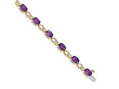 14K Two-tone Gold with rhodium over 14k yellow gold 9 cttw amethyst and diamond bracelet. Measures approximately 3/16 of an inch in width and has a box catch closure. Purple Oval Jewelry With Diamond Accents, Fine Jewelry Amethyst With Diamond Accents, Gold Amethyst Jewelry With Diamond Accents, Purple Fine Jewelry Bracelet, Oval Amethyst Jewelry With Diamond Accents, Classic Purple Bracelet Jewelry, Formal Purple Jewelry With Diamond Accents, Formal Purple Fine Jewelry Bracelet, A Box