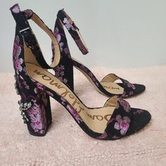 Sam Edelman Floral Yaro 2 Ankle Block Heels Crystal Beads Bee And Drangon Fly. Size 6.5 Black Cherry Blossom Print New Without The Box. Retail $160 Heel Height 4" Purple Block Heel Shoes With Medium Width, Purple Block Heel Medium Width Heels, Purple Block Heel Shoes For Night Out, Purple Block Heel Heels For Night Out, Glamorous Purple Block Heel Shoes, Glamorous Purple Block Heel Heels, Glamorous Purple Closed Toe Heels, Purple Synthetic Heels For Evening, Purple Synthetic Evening Heels