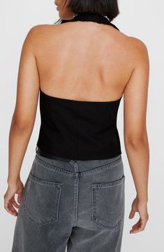 Fall for the tailored silhouette of this date-night tank designed with a modern square neck and an open back. Exclusive retailer 9 1/2" length (size 8) Front button closure Square halter neck Lined 66% viscose, 30% polyester, 4% elastane Dry clean or machine wash, line dry Made in Turkey Fitted Tank Top With Built-in Bra For Date Night, Sleeveless Halter Top With Built-in Bra For Date Night, Chic Crop Top With Corset Back And Tank Straps, Fitted Tube Top With Built-in Bra And Tank Straps, Fitted Halter Neck Tank Top With Built-in Bra, Fitted Tube Top With Built-in Bra For Date Night, Fitted Sleeveless Camisole For Night Out, Chic Halter Neck Tube Top With Built-in Bra, Summer Party Tank Top With Square Neck