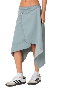 A novel closure creates a swingy silhouette for a midi skirt cut from nonstretch denim and finished with an unfinished edge. One-button closure; back elastic waist 100% cotton Machine wash, dry flat Imported Denim Bottoms With Medium Wash And Asymmetrical Hem, Trendy Asymmetrical Denim Skirt For Spring, Asymmetrical Hem Denim Skirt In Medium Wash, Denim Blue Asymmetrical Skirt For Summer, Spring Denim Skirt With Unfinished Hem, Asymmetrical Medium Wash Bottoms For Summer, Spring Asymmetrical Denim Bottoms, Denim Blue Skirt With Asymmetrical Hem For Summer, Asymmetrical Cotton Denim Skirt