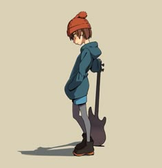 an anime character holding a guitar and wearing a beanie