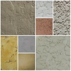 the different colors of stucco are shown in this collage, including brown, beige, and white