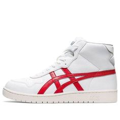 a white and red high top sneaker with the word on the side, asics