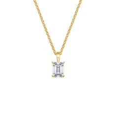 Single Bail Four Prong Pendant - 18K Yellow Gold. A beautiful diamond is accentuated in this elegant, classic four prong pendant. The pendant dangles gracefully from a delicate cable chain. Elegant Baguette Cut Solitaire Necklace, Elegant Gold Emerald Cut Solitaire Necklace, Elegant Gold Solitaire Necklace With Emerald Cut, Classic Yellow Gold Necklace With Baguette Cut, Classic Yellow Gold Baguette Cut Necklace, Timeless Yellow Gold Solitaire Necklace With Prong Setting, Elegant Emerald Cut Diamond Solitaire Necklace, Elegant Emerald-cut Solitaire Necklace, Elegant Solitaire Necklace With Emerald Cut Diamond