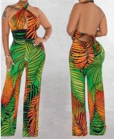 COLOR: MULTICOLORED GREEN SIZE: [S-M-L] DESCRIPTION: Tropical Print Halter Neck Jumpsuit Unisex Outfits, Halter Pattern, Island Breeze, Halter Neck Jumpsuit, High Waist Wide Leg Pants, Unisex Clothes, Green Jumpsuit, Lingerie For Men, Long Jeans