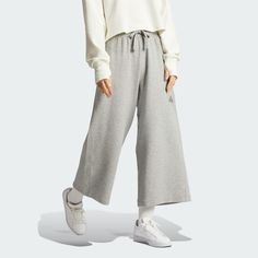 adidas ALL SZN Rib 7/8-Length Wide Leg Pants - Grey | Free Shipping with adiClub | adidas US Adidas Relaxed Fit Activewear For Spring, Adidas Athleisure Pants With Logo, Sporty Cotton Bottoms With Adidas Logo, Adidas Relaxed Fit Jogging Bottoms, Adidas Sportswear Pants For Spring, Casual Adidas Cotton Bottoms, Cotton Relaxed Fit Pants With Adidas Logo, Casual Adidas Cotton Bottoms With Logo, Relaxed Cotton Adidas Pants