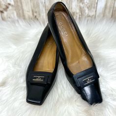 Vintage Gucci Square Toe Kitten Heels [S3101]. Size 40.5c. Gorgeous Vintage Kitten Heel Leather Pumps Featuring Back Leather Exterior, Tan Leather Lining, Gold & Black Gucci Plaque On Vamp. Approx 10.5” Toe To Heel Measured Along Inside Sole, 17.5” Heel. These Are In Very Good Vintage Used Condition. There Are Signs Of Wear Including Scuffing And Marks, And Wear To Bottom Sole. Please Review All Photos And Questions Are Welcome! There’s Tons Of Life Left, And These Are Classics That Will Always Gucci Black Square Toe Heels, Gucci Heels With Leather Sole For Office, Gucci Formal Low Heel Shoes, Gucci Leather Heels For Business, Gucci Pointed Toe Heels For Work, Gucci Leather Heels With Low Heel, Gucci Leather Low Heel Heels, Gucci Almond Toe Heels For Office, Gucci Leather Low Heel Shoes