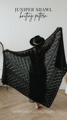 A blonde woman faces a white wall, wearing a black lace knit shawl and a black fedora hat Knit Wrap Shawl, Two Color Shawl Knitting Pattern, Witchy Knitting, Modern Shawl, Lace Knitting Shawl, Knit Shawl Patterns, Intermediate Knitting Patterns, Shawl Knitting Pattern, Triangle Bag