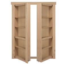 an open wooden bookcase with shelves on each side and doors to the other side