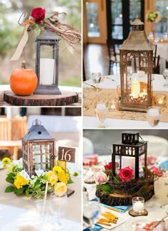 four different pictures with candles, flowers and pumpkins on the tables in front of them