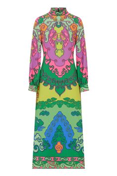 Make an entrance at your next event with Barbarella Dress! We have teamed up with Pip Jolley, a colour-loving, cocktail creator from London to bring you a capsule collection inspired by the psychedelic 60s. Vibrant print, romantic blouson long sleeve design. Made of stretch fabric for a comfortable fit. Create an elongated silhouette by styling it with your highest heels! 50% Recycled Polyester 48% Polyester 2% Elastane   Delicate Hand Wash / Specialist Dry Clean Trippy Fashion, Colour Party, Highest Heels, Xxxl Dress, Slow Fashion Brands, Retro Groovy, Dresses Xxl, Maximalism, Capsule Collection