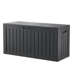 an outdoor storage box with the lid closed and two doors open, on a white background