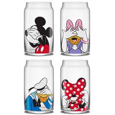 four glass jars with cartoon characters painted on them