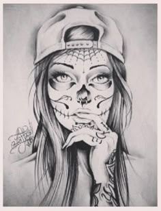 a drawing of a girl with her face painted to look like a skull and wearing a hat