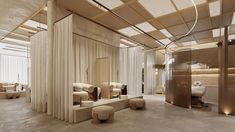 the interior of a spa with white and beige decor