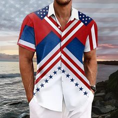 Category:Shirt; Season:Summer; Fabric:Polyester; Sleeve Length:Short Sleeve; Look After Me:Machine wash,Washable; Gender:Men's; Style:Resort Style; Elasticity:Inelastic; Occasion:Outdoor,Casual,Holiday; Fit Type:Regular Fit; Pattern:National Flag,American / USA,American Flag; Design:Buttons,Pocket; Neckline:Turndown; Brand:OUKU; Listing Date:06/19/2024; Festival:American Independence Day White American Flag Print Top For The Beach, Casual American Flag Print Top For Vacation, White American Flag Print Top For Beach, White American Flag Print Tops For Beach, White Tops With American Flag Print For Beach, American Flag Print Summer Beach Top, American Flag Print Beach Top For Summer, Patriotic Beach Tops With Flag Print, American Flag Print Tops For Summer Vacation