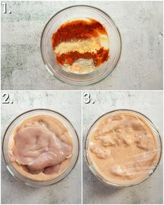 four pictures showing how to make the best meat sauce in a glass bowl with ingredients