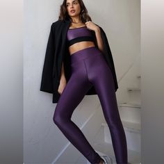 Liquid Sheen Style From Studio To Street - Meet The Liquid Legging - Amethyst. Lightweight, Lustrous Shine, Quick Drying, And A Second Skin Feel With A Beautiful Purple Gloss Make For The Ultimate Wear-Everywhere Legging. Smoothing, Butt-Lifting And So Versatile, This Legging Shines From Workout To Wear Out. Made From Imported Brazilian Fabric: Xtra Life Lycra For Resilience And Longevity, Each Liquid Legging Is Squat-Proof With Four-Way Stretch. Purple Gym Leggings Outfit, Gym Leggings Outfit, Lycra Leggings, Yoga Tights, Star Leggings, Black Capri Leggings, Leopard Leggings, Liquid Leggings, Purple Leggings