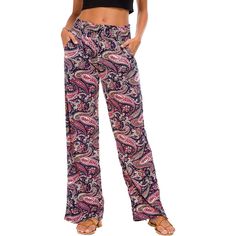 With these Women's Wide Leg Palazzo Pants Lounge Pants, renew your appeal. These pants are ideal for everyday wear, and their printed pattern only serves to increase their allure. These wide-leg type pants are incredibly comfortable and give you rest during the entire day. Choose your favorite style from a wide range of options for these pants. Specifications: Material: 95% Polyester, 5% Spandex Fit Type: Regular Pattern Type: Print Rise Style; High Rise Leg Style: Wide Closure Type: Pull On Gen Casual Patterned Bottoms With Pockets, Patterned Wide Leg Bottoms With Pockets, Patterned Relaxed Fit Bottoms With Pockets, Trendy Printed Straight Pants, Casual Printed Patterned Pants, Patterned Long Pants With Pockets, Casual Printed Ankle-length Pants, Casual Patterned Bottoms With Floral Print, Casual Floral Print Patterned Bottoms