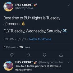 two tweets on twitter with the caption best time to buy flights is tuesday afternoon