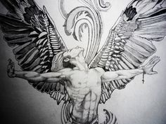 a drawing of a man with wings on his back