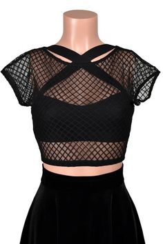 Black Diamond Mesh Crop Top worn over Black Cross Strap Mesh Back Bralette and velvet skater skirt Velvet Skater Skirt, Micro Miniskirt, Sheer Crop Top, Mesh Crop Top, Lace Up Leggings, Lace Bandeau, Lace Trim Shorts, Wear Crop Top, Sheer Skirt